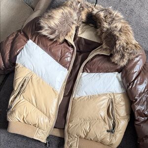 Cozy Brown and Tan Puffer Jacket with Faux Fur Collar
